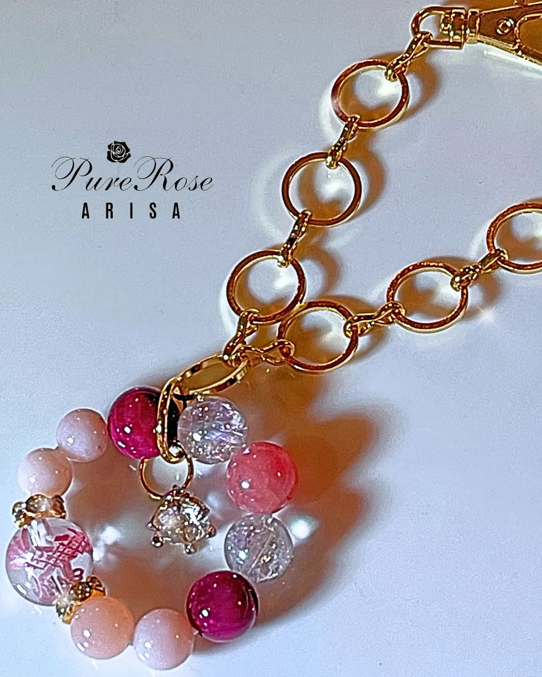 魅力･モチベ･金運UPのピンクタイガーアイとレインボー水晶追加のバッグチャーム★埼玉県T.S様