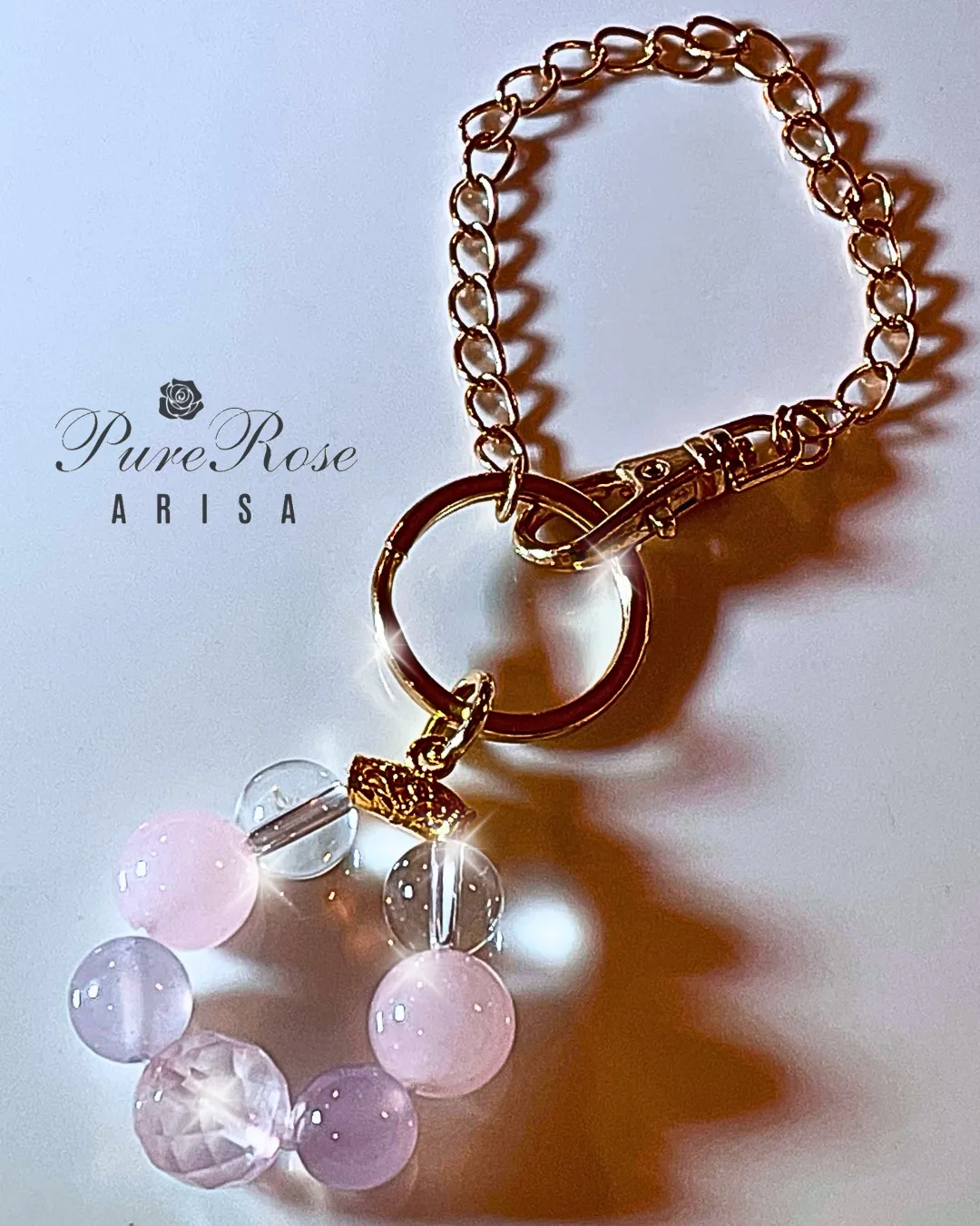 お手持ちブレスレットを最高級ローズクォーツとカルセド二ーでバッグチャームに変身★埼玉県Ｍ.Ｔ様